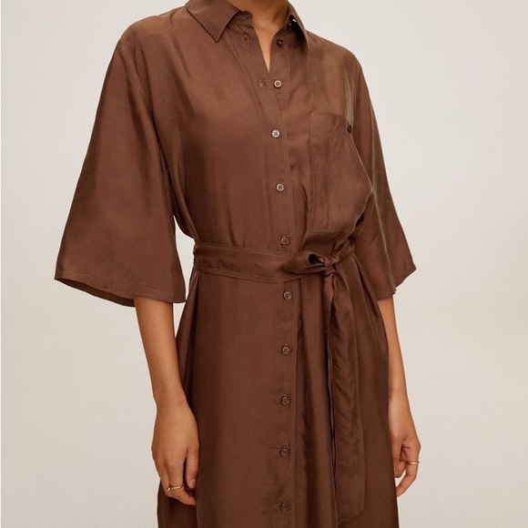 Mango MNG Chocolate Brown Dress Silky Satin Finish Cupro Button Front Size 4 - Picture 3 of 9